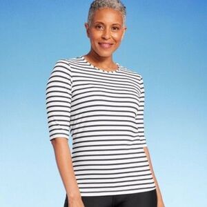 Lands' End -  Women's Rashguard Swim Top Navy Blue Wh Navy Blue/White